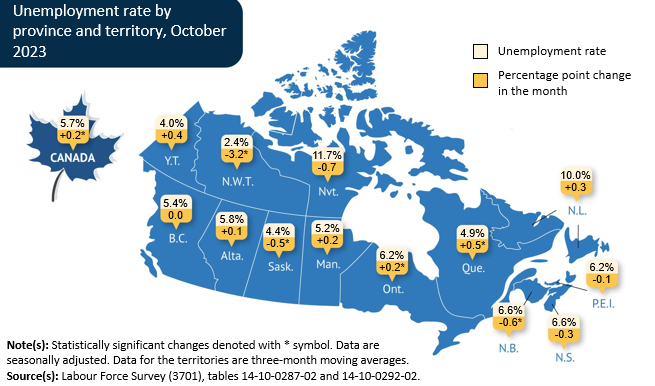 Thumbnail for map 1: Unemployment rate up in Quebec and Ontario in October