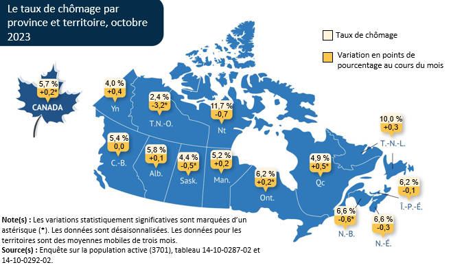 Vignette de la carte 1: Le taux de chômage augmente au Québec et en Ontario en octobre