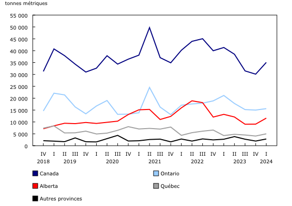 Graphique 3: Stocks de viandes de bœuf froides et congelées trimestriels, selon la province