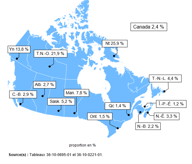 Vignette de la carte 1: Revenu intérieur brut des Autochtones en proportion du revenu intérieur brut provincial, territorial et national global en 2021