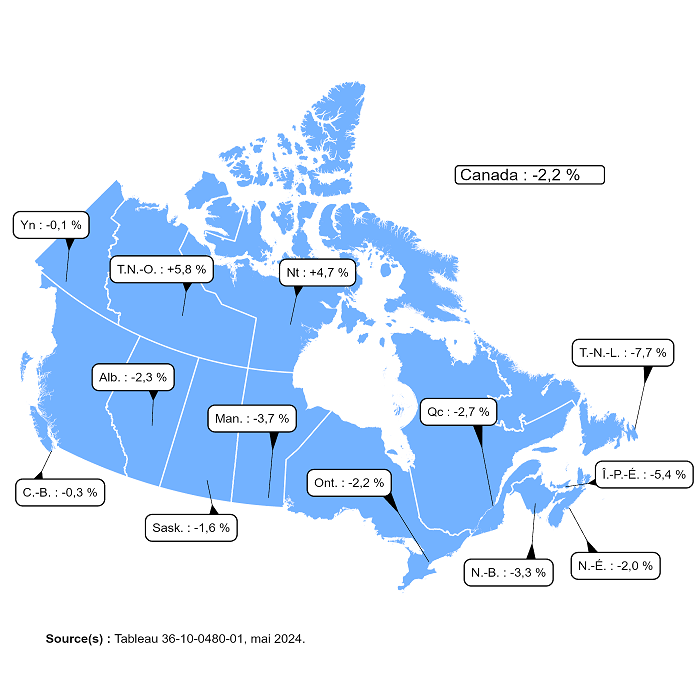 Vignette de la carte 1: Croissance de la productivité du travail dans le secteur des entreprises, Canada, provinces et territoires, 2023