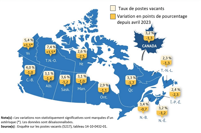 Vignette de la carte 1: Le taux de postes vacants par province, avril 2024