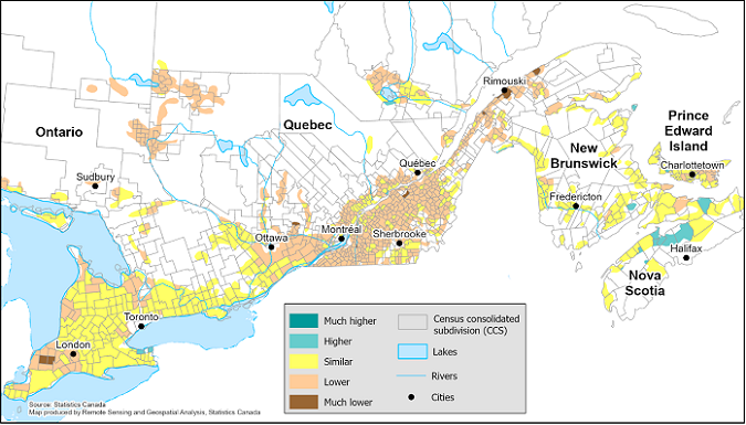 Thumbnail for map 2: Vegetation growth index as of the week of July 22 to July 28, 2024, compared with normal, by census consolidated subdivision for Eastern Canada