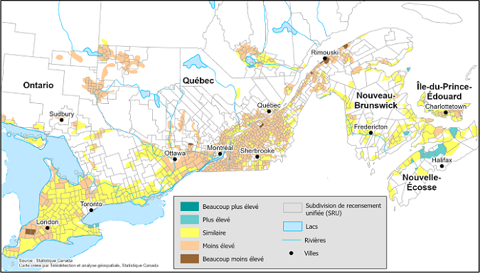 Vignette de la carte 2: Indice de croissance de la végétation pour la semaine du 22 au 28 juillet 2024 par rapport à la normale, selon la subdivision de recensement pour l'Est du Canada