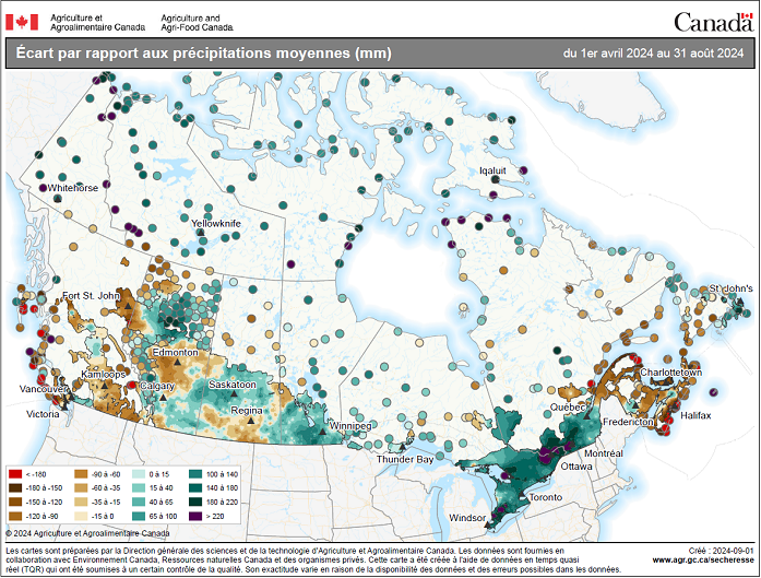 Vignette de la carte 1: Écart par rapport aux précipitations moyennes (en millimètres) du 1er avril au 31 août 2024 (durant la saison de croissance), selon la province