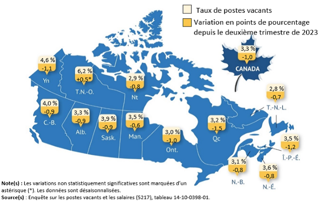 Vignette de la carte 1: Taux de postes vacants selon la province, deuxième trimestre de 2024