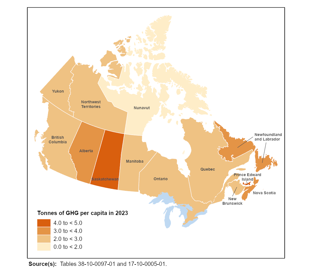 Thumbnail for map 1: Household greenhouse gas (GHG) emissions per capita by province and territory, 2023