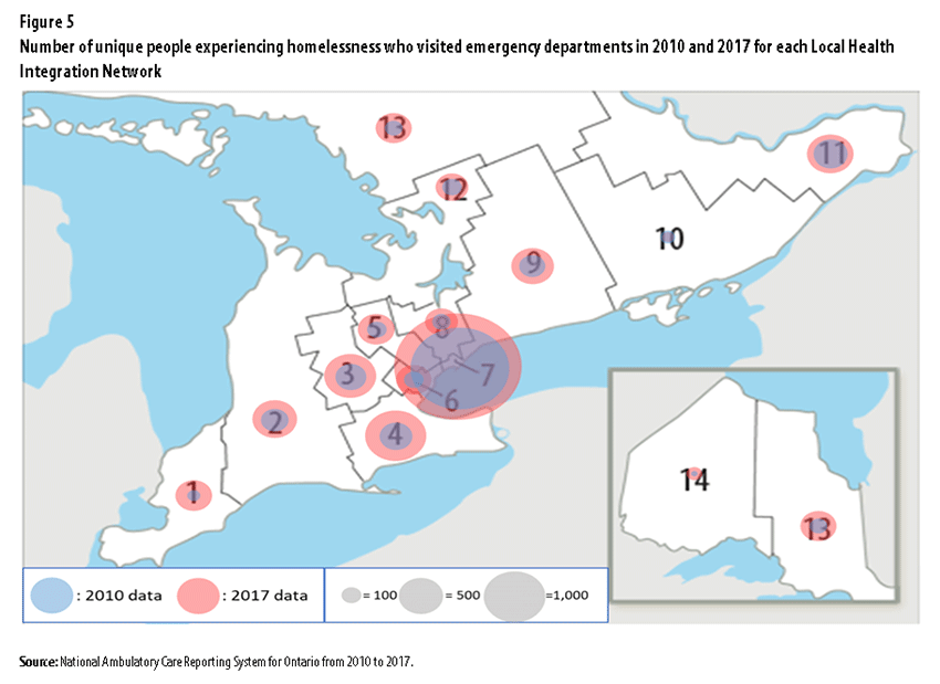 Figure 5 Number of unique people experiencing homelessness who visited emergency departments in 2010 and 2017 for each Local Health Integration Network