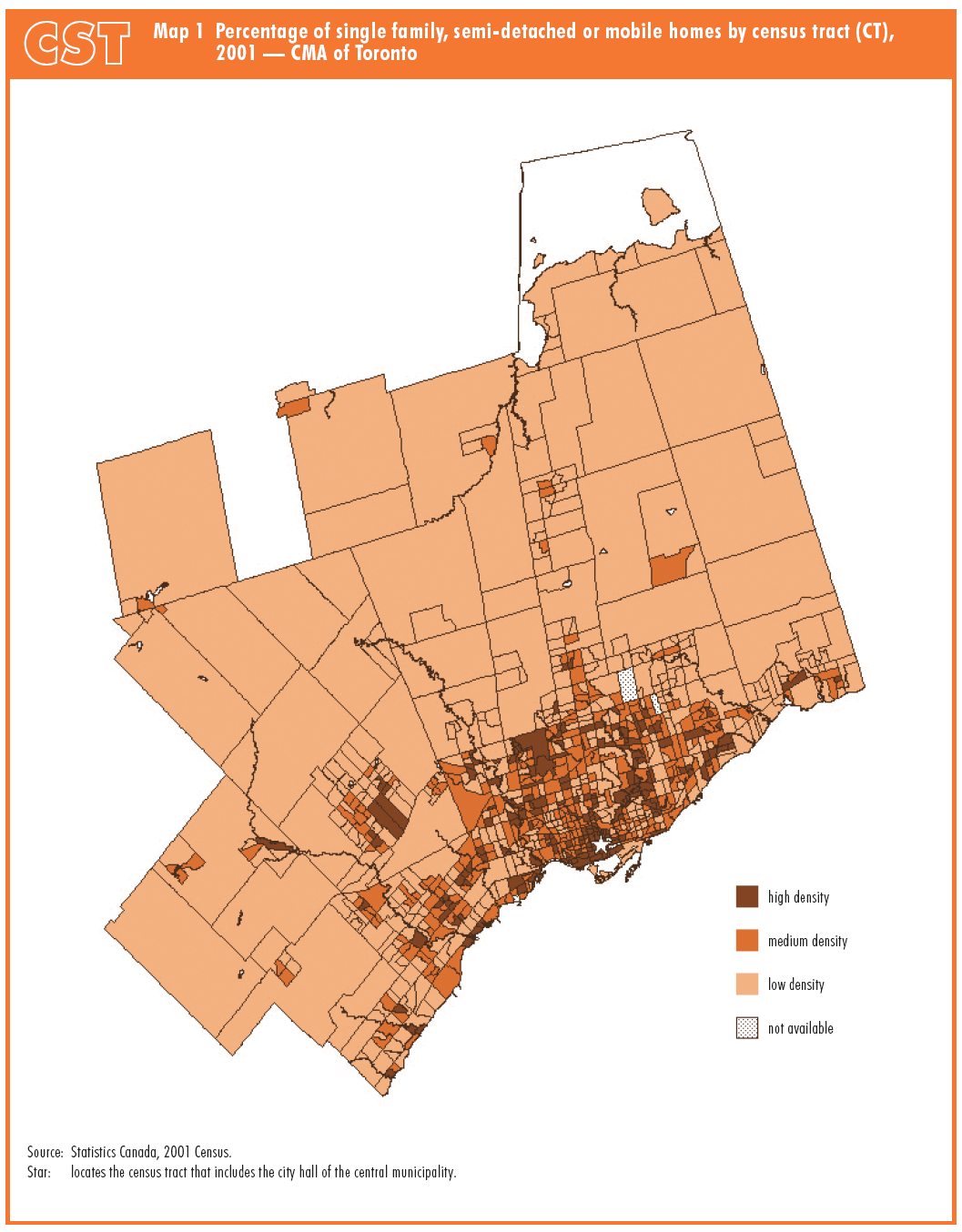 Map 1 Percentage of single family, semi-detached or mobile homes by census tract (CT), 2001 — CMA of Toronto