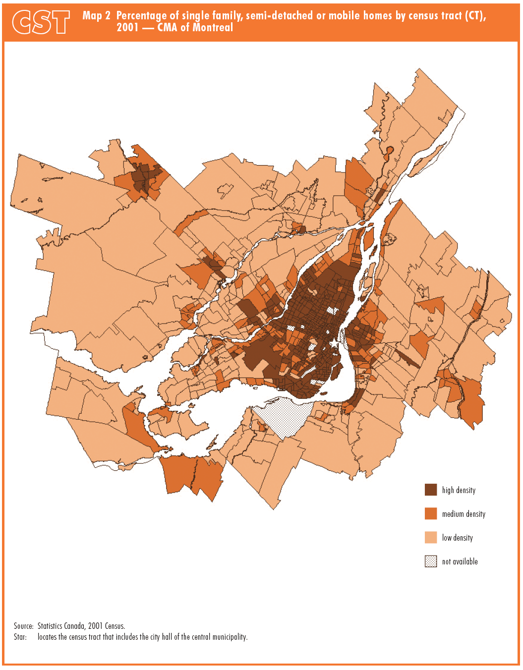 Map 2 Percentage of single family, semi-detached or mobile homes by census tract (CT), 2001 — CMA of Montreal