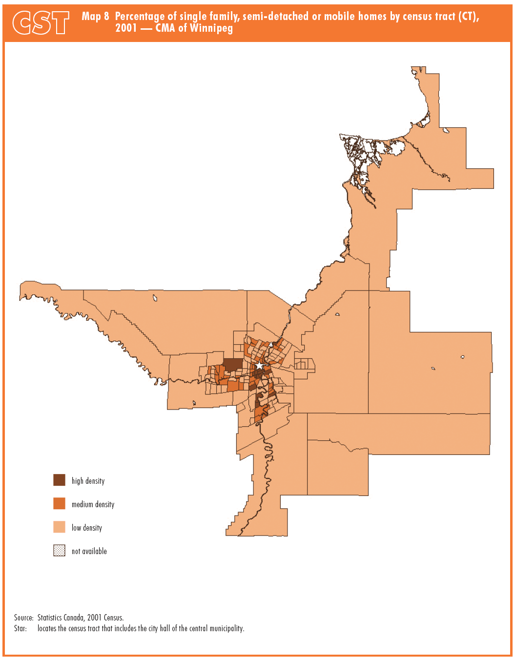 Map 8 Percentage of single family, semi-detached or mobile homes by census tract (CT), 2001 — CMA of Winnipeg