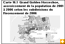 Carte 16.1  Grand Golden Horseshoe, accroissement de la population de 2001 à 2006 selon les subdivisions du Recensement de 2006
