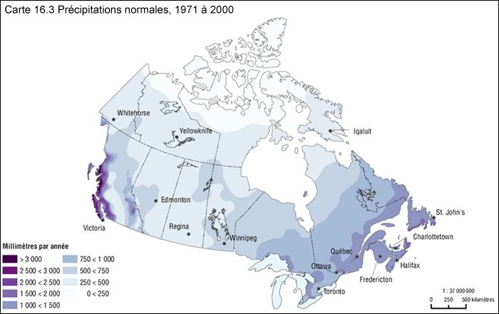 Carte 16.3 Pr&eacute;cipitations normales, 1971 &agrave; 2000
