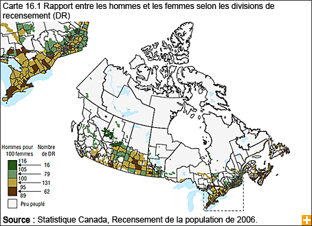 Carte 16.1 Rapport entre les hommes et les femmes selon les divisions de recensement (DR)