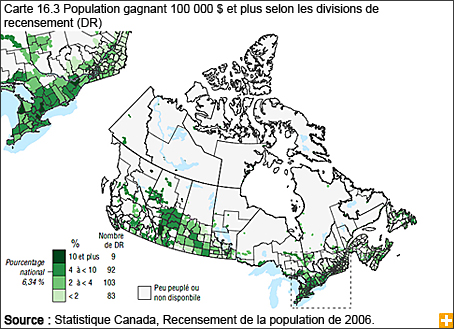 Carte 16.3 Population gagnant 100 000 $ et plus selon les divisions de recensement (DR)