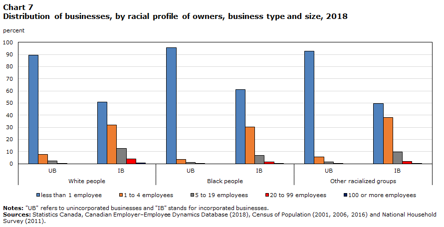 Chart 7 : Distribution of businesses, by racial profile of owners, business type and size, 2018