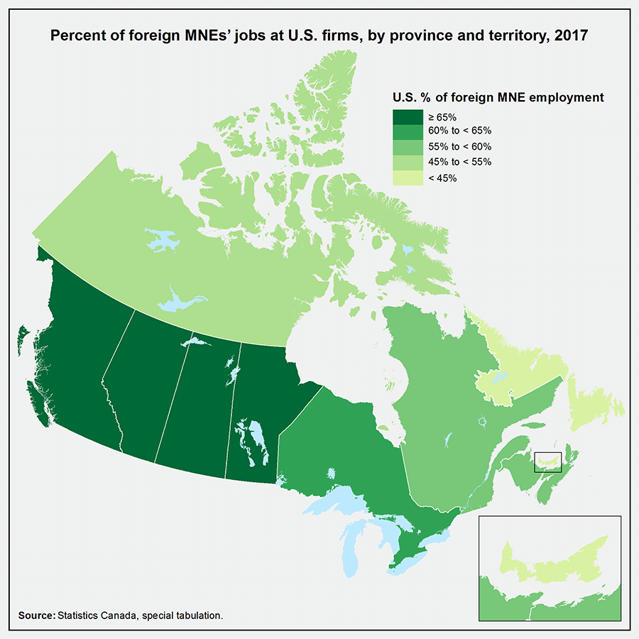 Map 3 Percent of foreign MNEs' jobs at U.S. firms, by province, 2017