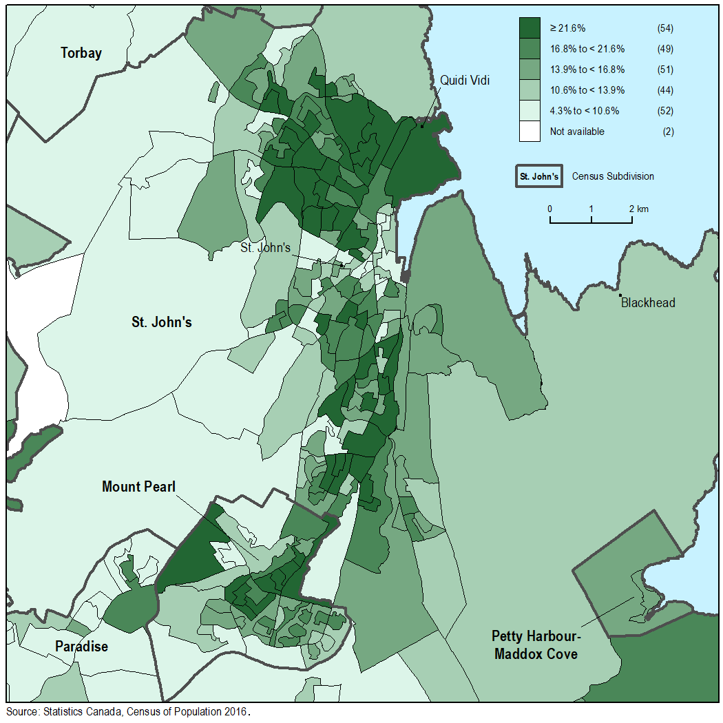 Percentage of the population aged 65 and older in St. John's, by dissemination area