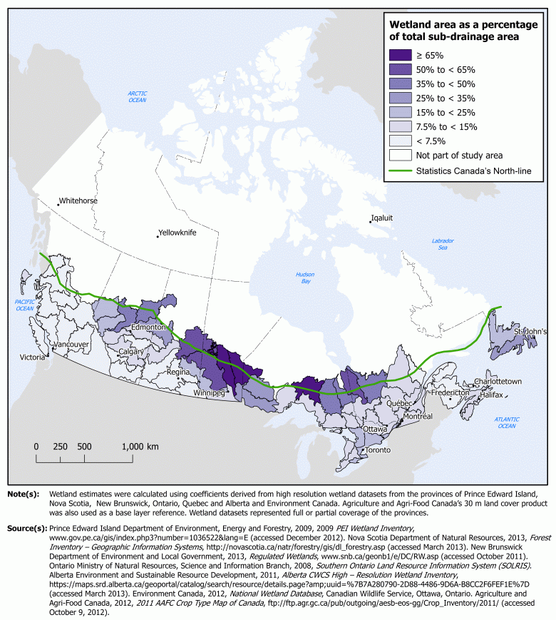 Distribution of freshwater wetlands, southern Canada, by sub-drainage area