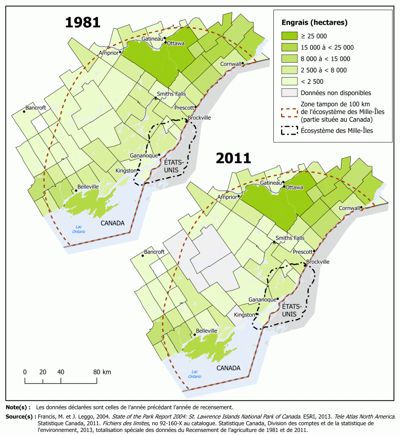 Pression sur le parc national des Mille-Îles : Superficie fertilisée, 1981 et 2011
