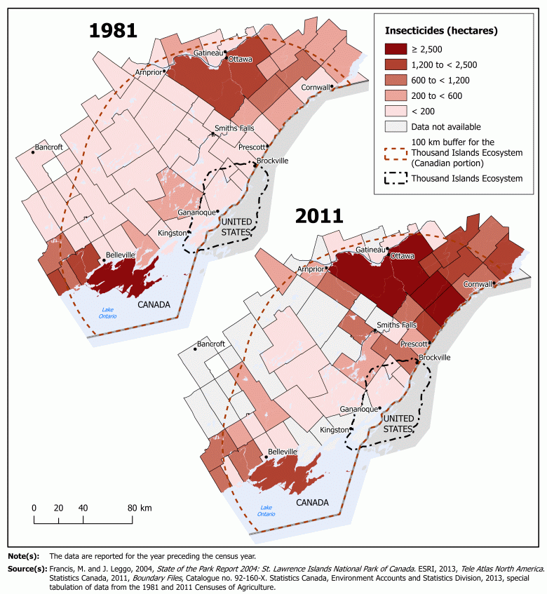 Pressure on the Thousand Islands National Park: Area treated with insecticide, 1981 and 2011