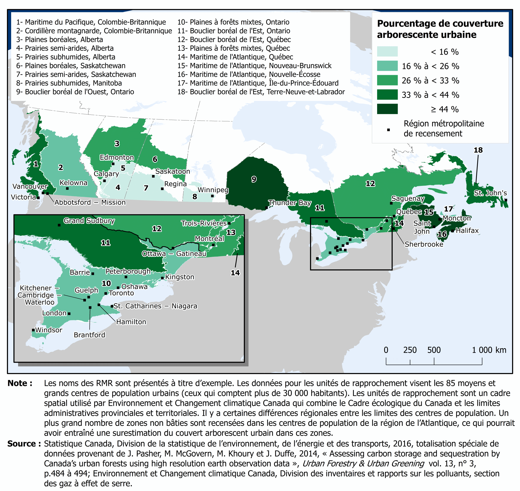 Carte 2.1 Couvert arborescent estim&eacute; pour les moyens et grands centres de population urbains, selon l'unit&eacute; de rapprochement