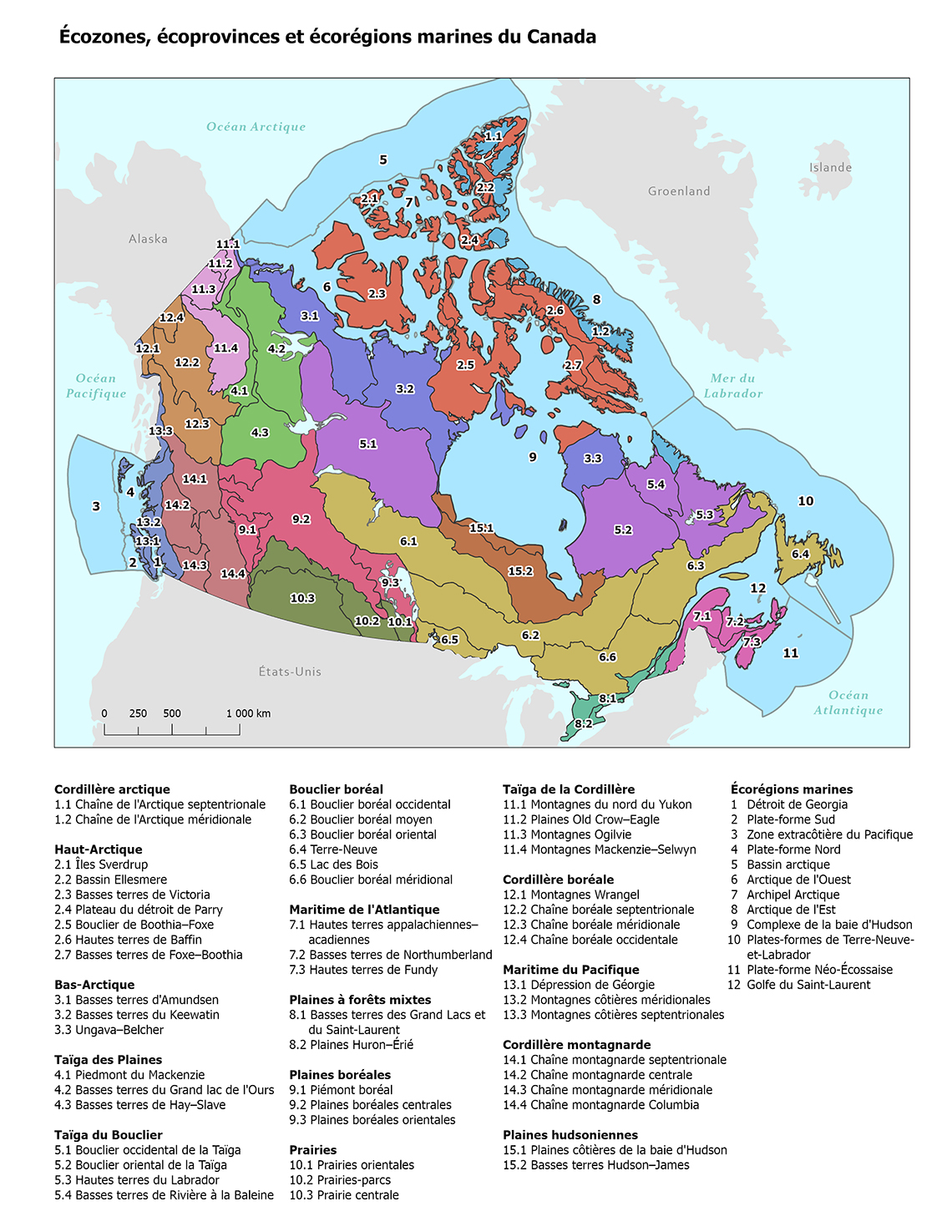 Carte 1.1 Écozones, écoprovinces et écorégions marines du Canada