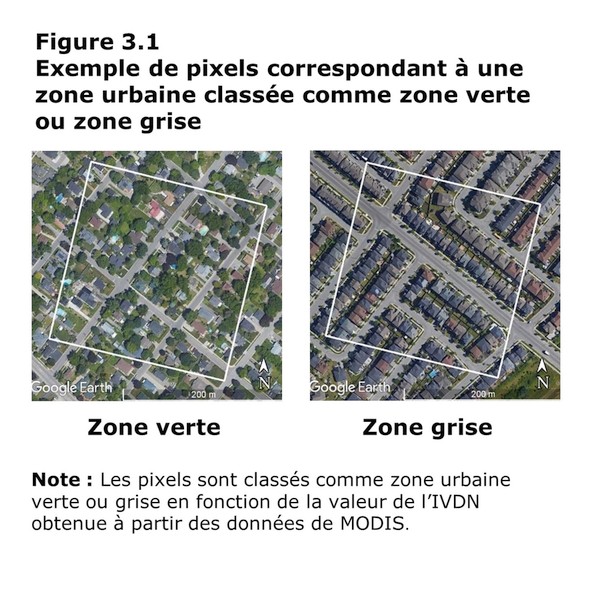 Figure 3.1 Exemple de pixels correspondant à une zone urbaine classée comme zone verte ou zone grise