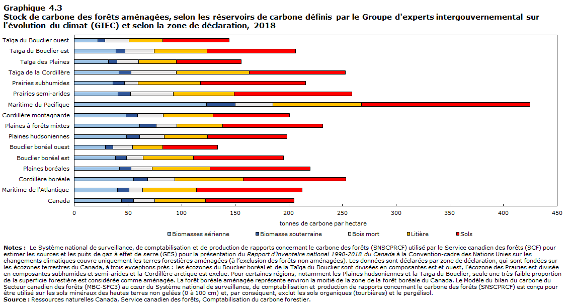 Graphique 4.3 Stock de carbone des forêts aménagées, selon les réservoirs de carbone définis par le Groupe d’experts intergouvernemental sur l’évolution du climat (GIEC) et selon la zone de déclaration, 2018
