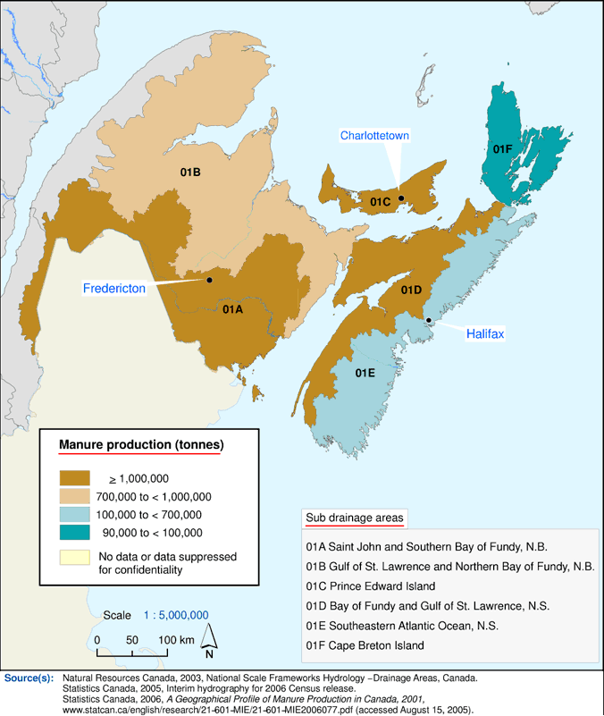 Map 2 Manure production,&nbsp;2001&nbsp;- Maritime Provinces