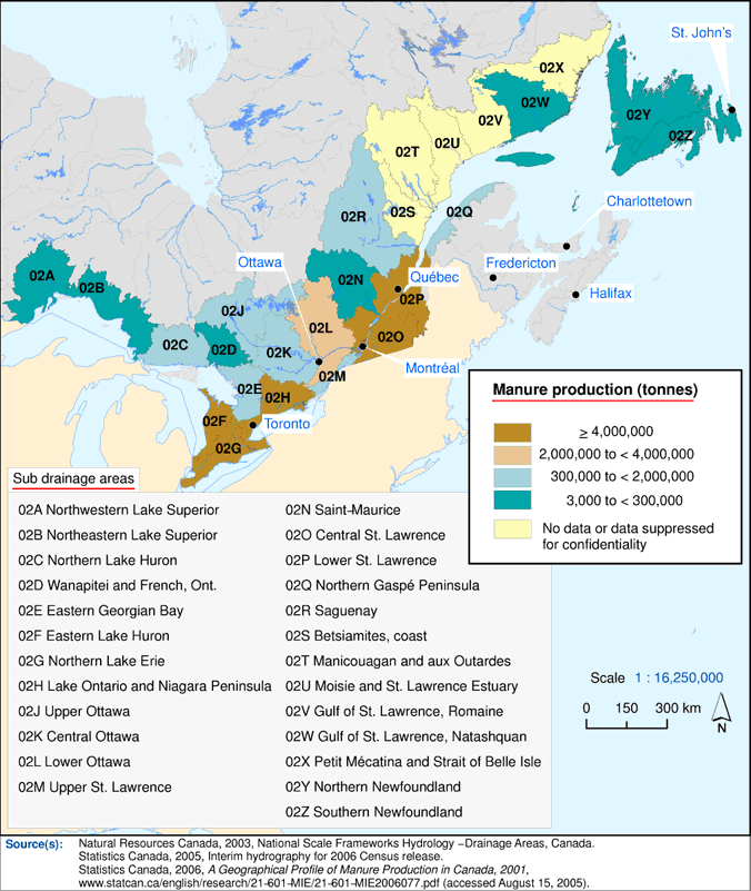 Map 3 Manure production,&nbsp;2001&nbsp;- St. Lawrence