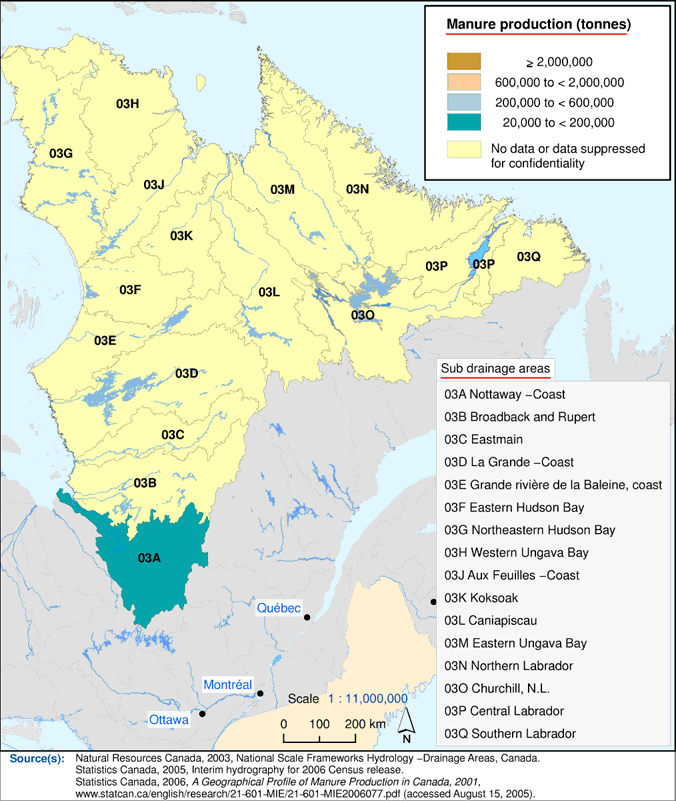 Map 4 Manure production,&nbsp;2001&nbsp;- Northern Quebec and Labrador