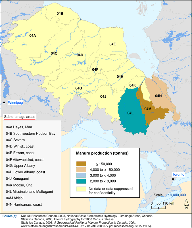 Map 5 Manure production,&nbsp;2001&nbsp;- Southwestern Hudson Bay