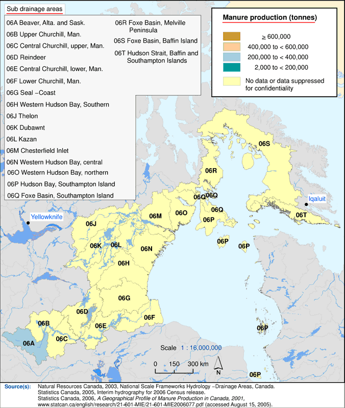 Map 7 Manure production,&nbsp;2001&nbsp;- Western and Northern Hudson Bay