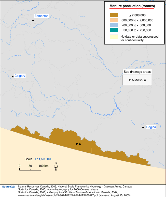 Map 10 Manure production,&nbsp;2001&nbsp;- Mississippi River