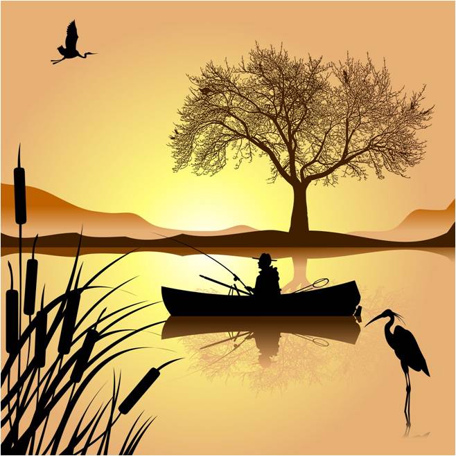 Image representing an ecosystem. It includes a  lake, a person fishing from a canoe, vegetation including a tree and cattails, herons and mountains