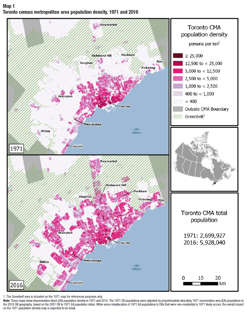 Map 1 Toronto census metropolitan area population density, 1971 and 2016