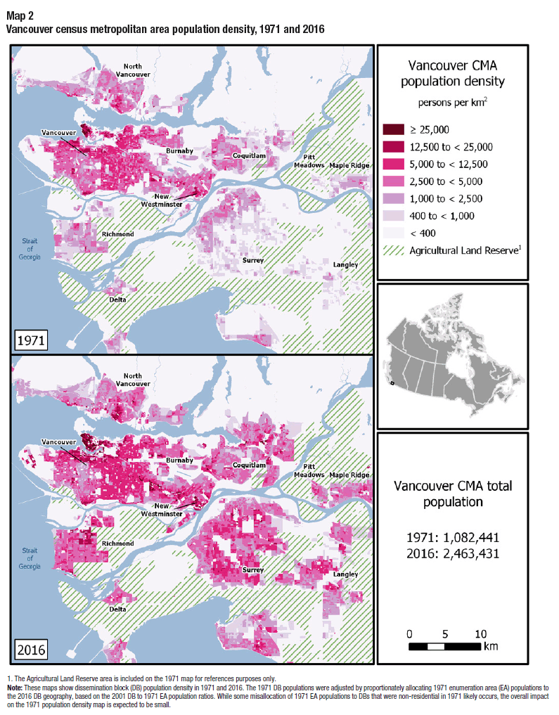Map 2 Vancouver census metropolitan area population density, 1971 and 2016