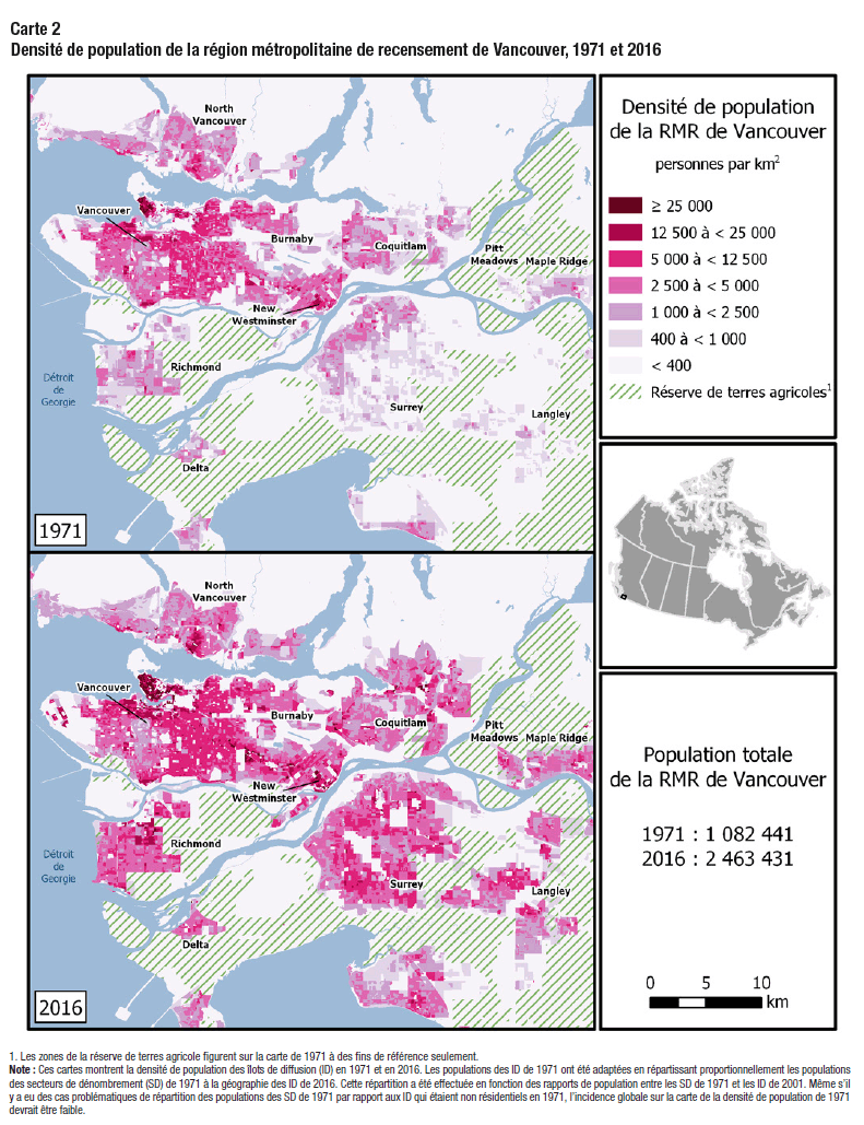 Carte 2 Densité de population de la région métropolitaine de recensement de Vancouver, 1971 et 2016
