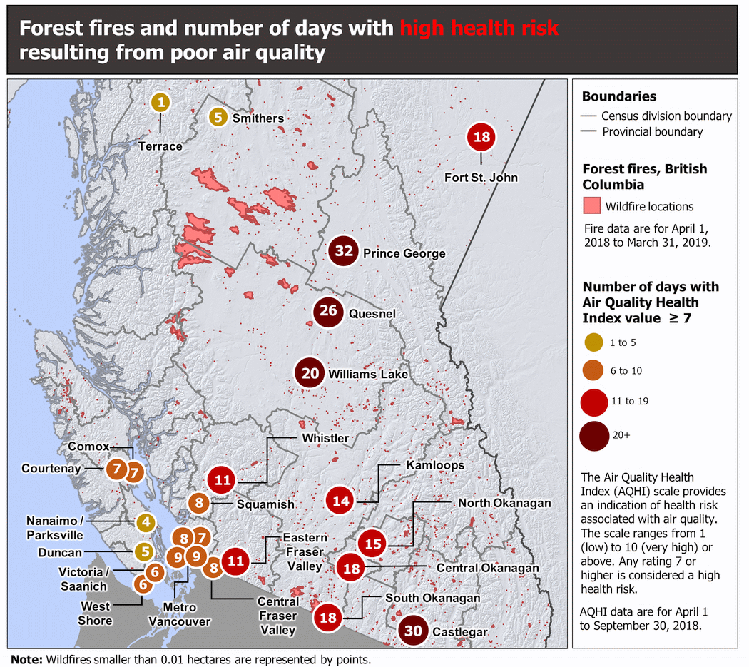 Map 2 Forest fires and number of days qith high health risk resulting from poor air quality