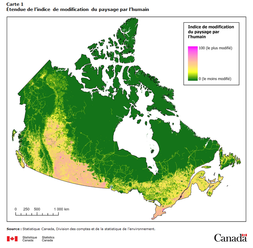 carte 1 Étendue de l’indice de modification du paysage par l’humain