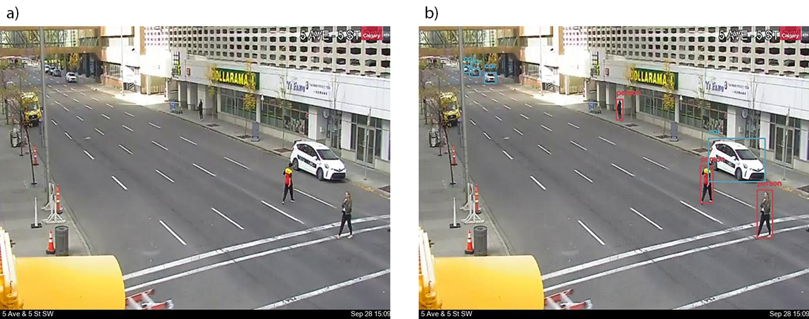 Figure 6. Example of detecting pedestrians in the  city of Calgary a) before object detection and b) after object detection