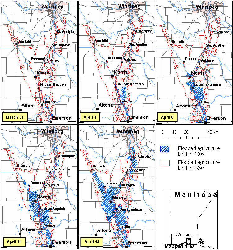 Figure 1 – Map showing the progression of the flooded area of the Red River in 2009 and comparison with the 1997 flood
