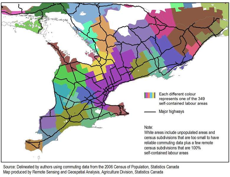 Map 8 Self-contained labour areas with an overlay of the of the 2006 highway network, Southern Ontario, 2006