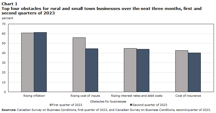 Chart 1: Top four obstacles for rural and small town businesses over the next three months, 
first and second quarters of 2023