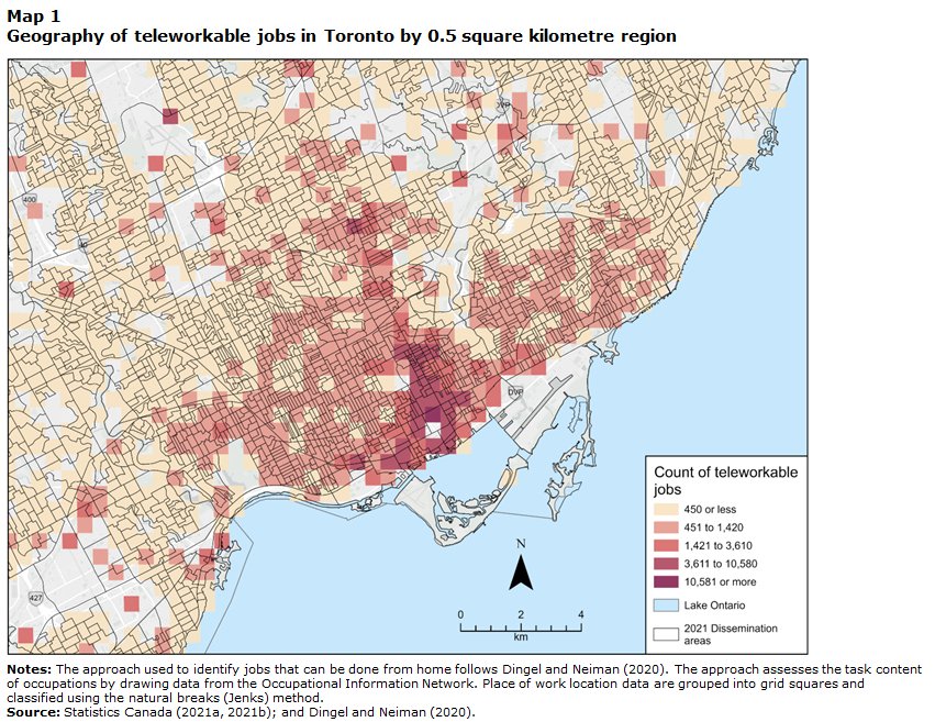 Map 1: Geography of teleworkable jobs in Toronto by 0.5 square kilometre region