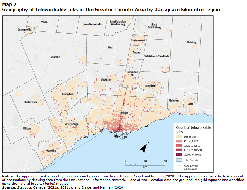Map 2: Geography of teleworkable jobs in the Greater Toronto Area by 0.5 square kilometre region