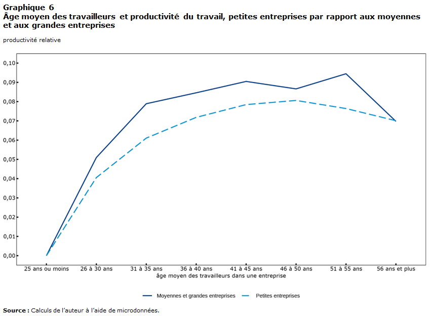 Graphique 6 : Âge moyen des travailleurs et productivité du travail, petites entreprises par rapport aux moyennes et aux grandes entreprises