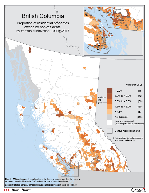 British Columbia - Proportion of residential properties owned by non-residents, by census subdivision (CSD), 2017