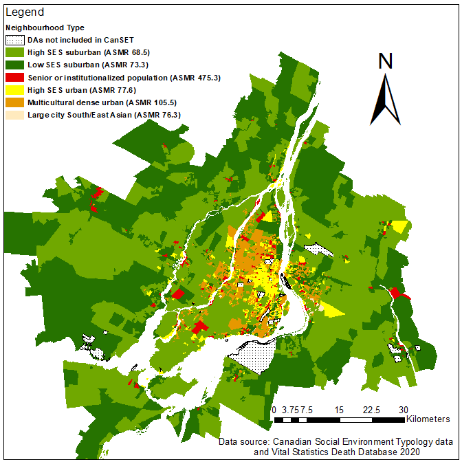 Map 1 COVID-19 Age-standardized Mortality Rate (ASMR) per 100,000 population by neighbourhood type for the Montreal Census Metropolitan Area